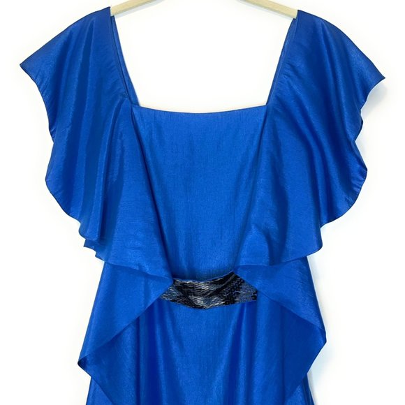 Stunning Blue Square-Neck Ruffle Party Dress with Beaded Belt - Picture 2 of 7